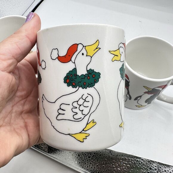 Vintage 1980s X4 Christmas Mugs 10 oz Porcelain Kitschmas In Box Kitsch - Picture 6 of 12